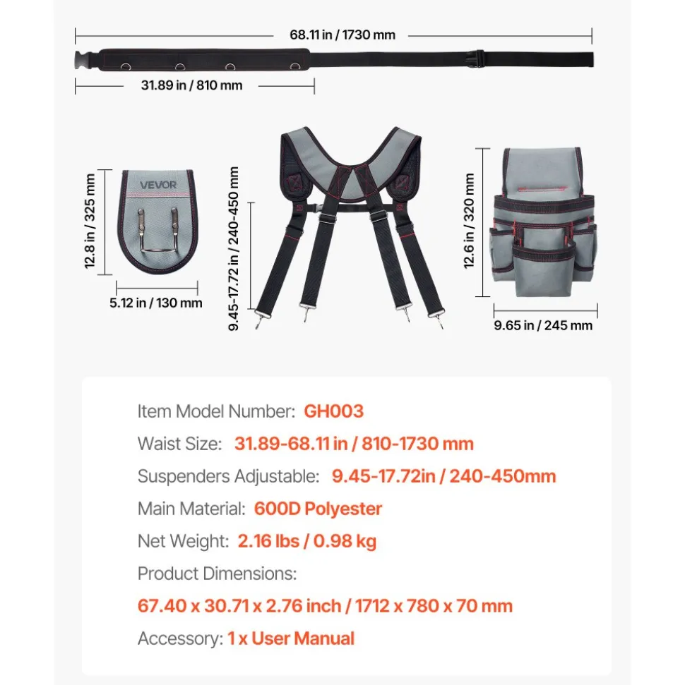 VEVOR Tool Belt, 22 Pockets Tool Pouch with Suspenders for Men, Heavy Duty Adjustable Utility Belt Bag Suspenders for Electrician, Carpenter, Construction, Work Apron Organizer Waist Adjust 32 to 68in