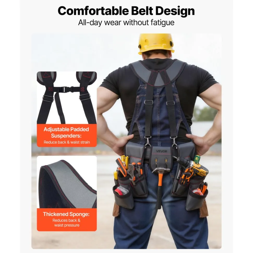 VEVOR Tool Belt, 22 Pockets Tool Pouch with Suspenders for Men, Heavy Duty Adjustable Utility Belt Bag Suspenders for Electrician, Carpenter, Construction, Work Apron Organizer Waist Adjust 32 to 68in