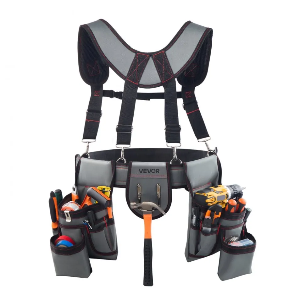 VEVOR Tool Belt, 22 Pockets Tool Pouch with Suspenders for Men, Heavy Duty Adjustable Utility Belt Bag Suspenders for Electrician, Carpenter, Construction, Work Apron Organizer Waist Adjust 32 to 68in