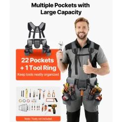 VEVOR Tool Belt, 22 Pockets Tool Pouch with Suspenders for Men, Heavy Duty Adjustable Utility Belt Bag Suspenders for Electrician, Carpenter, Construction, Work Apron Organizer Waist Adjust 32 to 68in