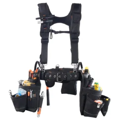 VEVOR Tool Belt, 19 Pockets Tool Pouch with Suspenders for Men, Heavy Duty Adjustable Utility Belt Work Bag Detachable Suspension Rig for Electrician, Carpenter, Construction, Adjust Waist 31 to 51in
