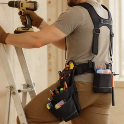VEVOR Tool Belt, 19 Pockets Tool Pouch with Suspenders for Men, Heavy Duty Adjustable Utility Belt Work Bag Detachable Suspension Rig for Electrician, Carpenter, Construction, Adjust Waist 31 to 51in