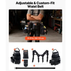 VEVOR Tool Belt, 19 Pockets Tool Pouch with Suspenders for Men, Heavy Duty Adjustable Utility Belt Work Bag Detachable Suspension Rig for Electrician, Carpenter, Construction, Adjust Waist 31 to 51in