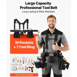 VEVOR Tool Belt, 19 Pockets Tool Pouch with Suspenders for Men, Heavy Duty Adjustable Utility Belt Work Bag Detachable Suspension Rig for Electrician, Carpenter, Construction, Adjust Waist 31 to 51in