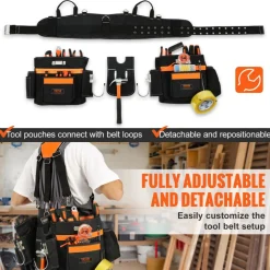 VEVOR Tool Belt with Suspenders, 29 Pockets, 29-54 inches Adjustable Waist Size, Tool Belts for Men, 600D Polyester Heavy Duty Carpenter Tool Pouch for Carpenters, Electricians, and Gardening, Black