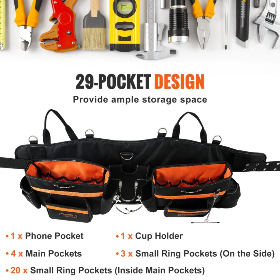 VEVOR Tool Belt with Suspenders, 29 Pockets, 29-54 inches Adjustable Waist Size, Tool Belts for Men, 600D Polyester Heavy Duty Carpenter Tool Pouch for Carpenters, Electricians, and Gardening, Black