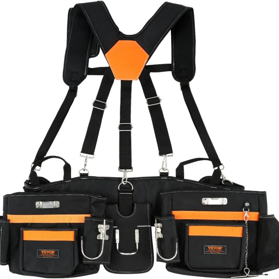 VEVOR Tool Belt with Suspenders, 29 Pockets, 29-54 inches Adjustable Waist Size, Tool Belts for Men, 600D Polyester Heavy Duty Carpenter Tool Pouch for Carpenters, Electricians, and Gardening, Black