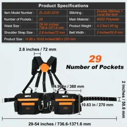 VEVOR Tool Belt with Suspenders, 29 Pockets, 29-54 inches Adjustable Waist Size, Tool Belts for Men, 600D Polyester Heavy Duty Carpenter Tool Pouch for Carpenters, Electricians, and Gardening, Black
