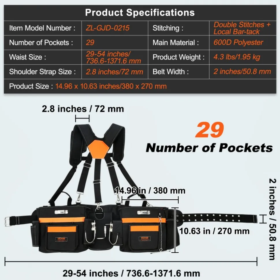VEVOR Tool Belt with Suspenders, 29 Pockets, 29-54 inches Adjustable Waist Size, Tool Belts for Men, 600D Polyester Heavy Duty Carpenter Tool Pouch for Carpenters, Electricians, and Gardening, Black