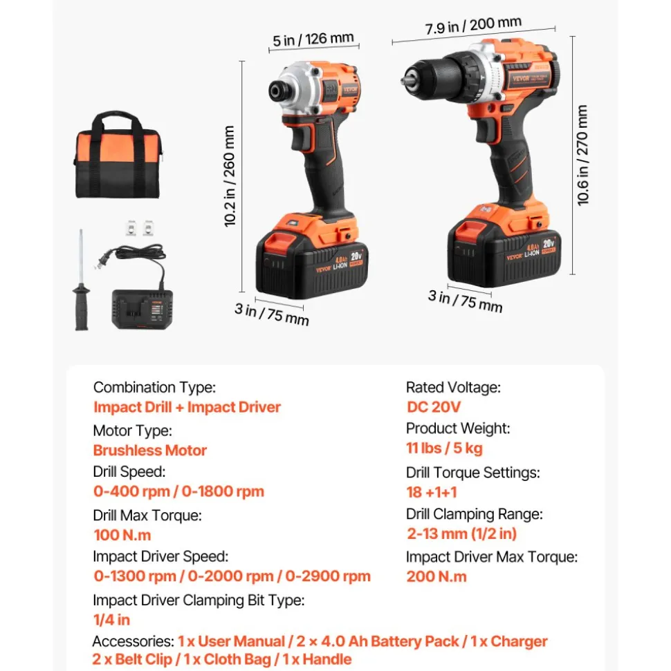 VEVOR Tool Combo Kit, 20V Max Cordless 2-Tool Combo Kit, with 1/2 in Impact Drill, 1/4 in Impact Driver, Compact Cordless Power Tool Combo Kit with 4.0 Ah Batteries, Screws, Charger, and Cloth Bag