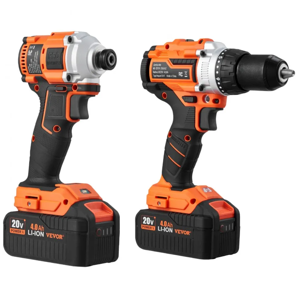 VEVOR Tool Combo Kit, 20V Max Cordless 2-Tool Combo Kit, with 1/2 in Impact Drill, 1/4 in Impact Driver, Compact Cordless Power Tool Combo Kit with 4.0 Ah Batteries, Screws, Charger, and Cloth Bag