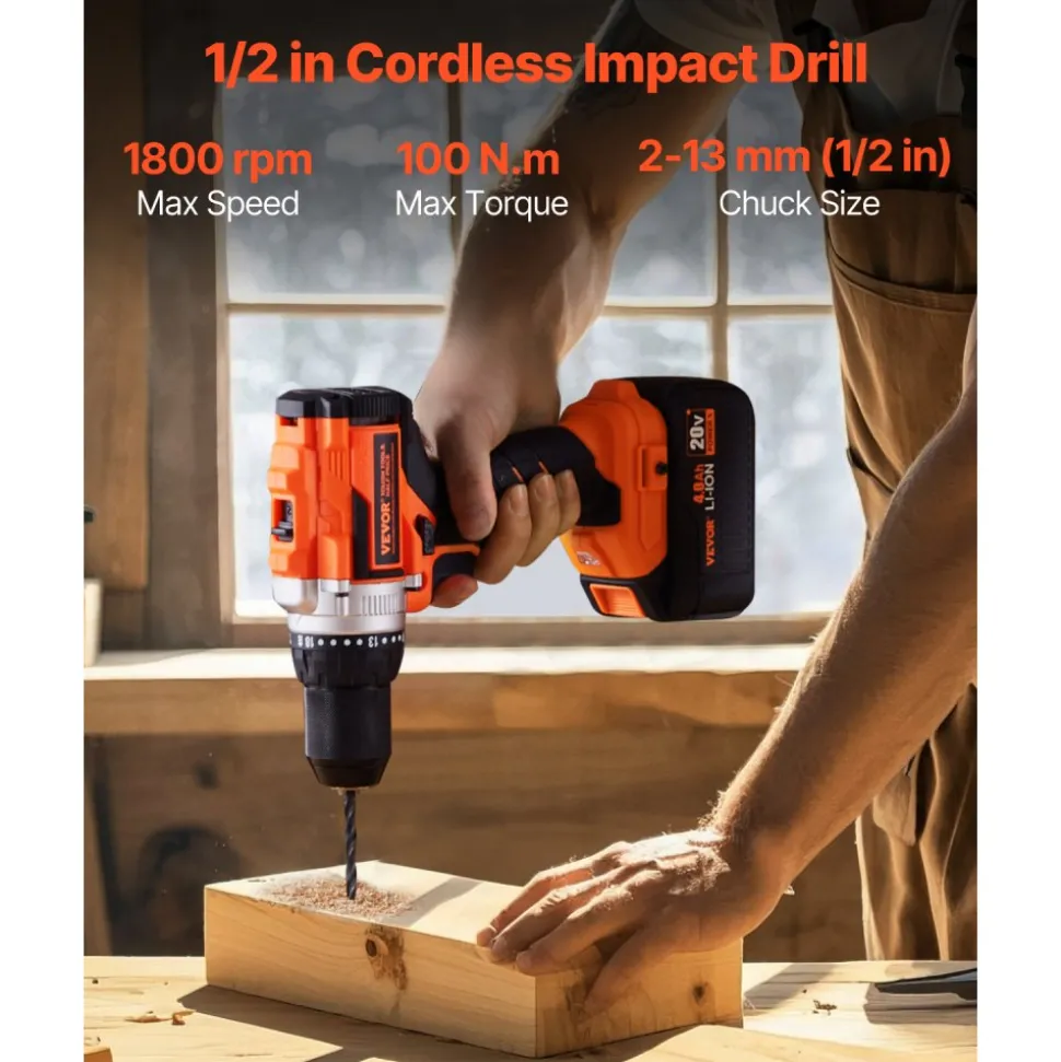 VEVOR Tool Combo Kit, 20V Max Cordless 2-Tool Combo Kit, with 1/2 in Impact Drill, 1/4 in Impact Driver, Compact Cordless Power Tool Combo Kit with 4.0 Ah Batteries, Screws, Charger, and Cloth Bag