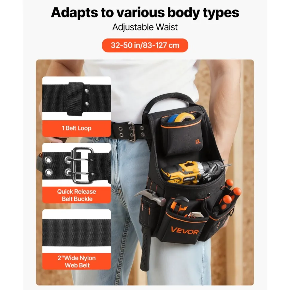 VEVOR Tool Pouch with Belt, 14 Pockets Professional Tool Belt Pouch for Men, Heavy Duty Detachable Adjustable Utility Work Bag for Electrician, Carpenter, Construction, Adjusts Waist 32 to 50 Inches