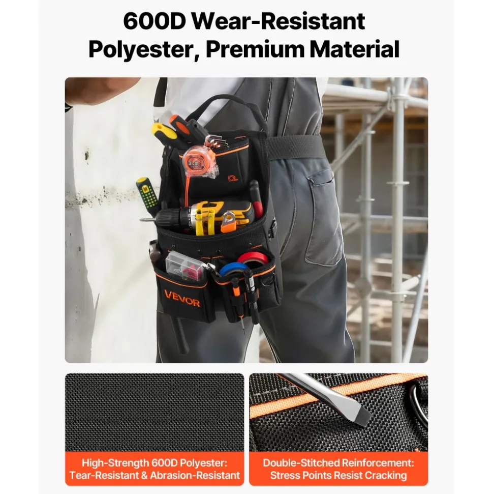 VEVOR Tool Pouch with Belt, 14 Pockets Professional Tool Belt Pouch for Men, Heavy Duty Detachable Adjustable Utility Work Bag for Electrician, Carpenter, Construction, Adjusts Waist 32 to 50 Inches