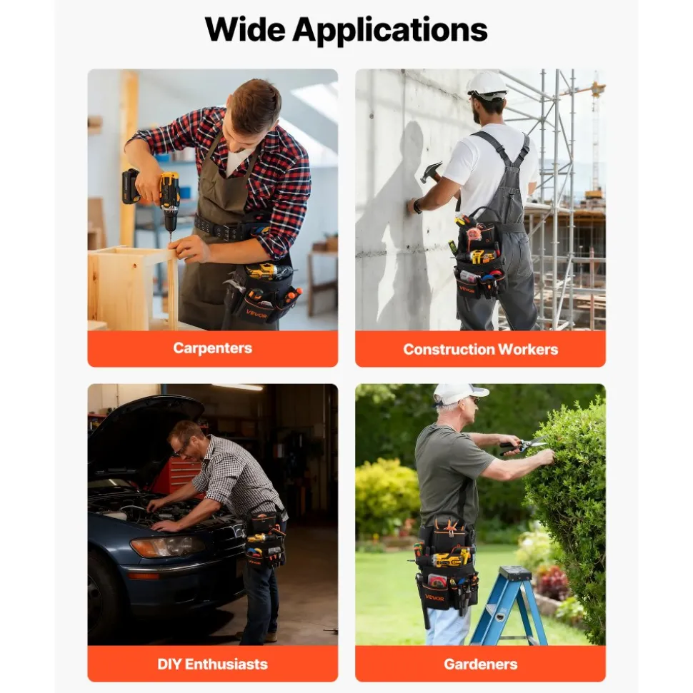 VEVOR Tool Pouch with Belt, 14 Pockets Professional Tool Belt Pouch for Men, Heavy Duty Detachable Adjustable Utility Work Bag for Electrician, Carpenter, Construction, Adjusts Waist 32 to 50 Inches
