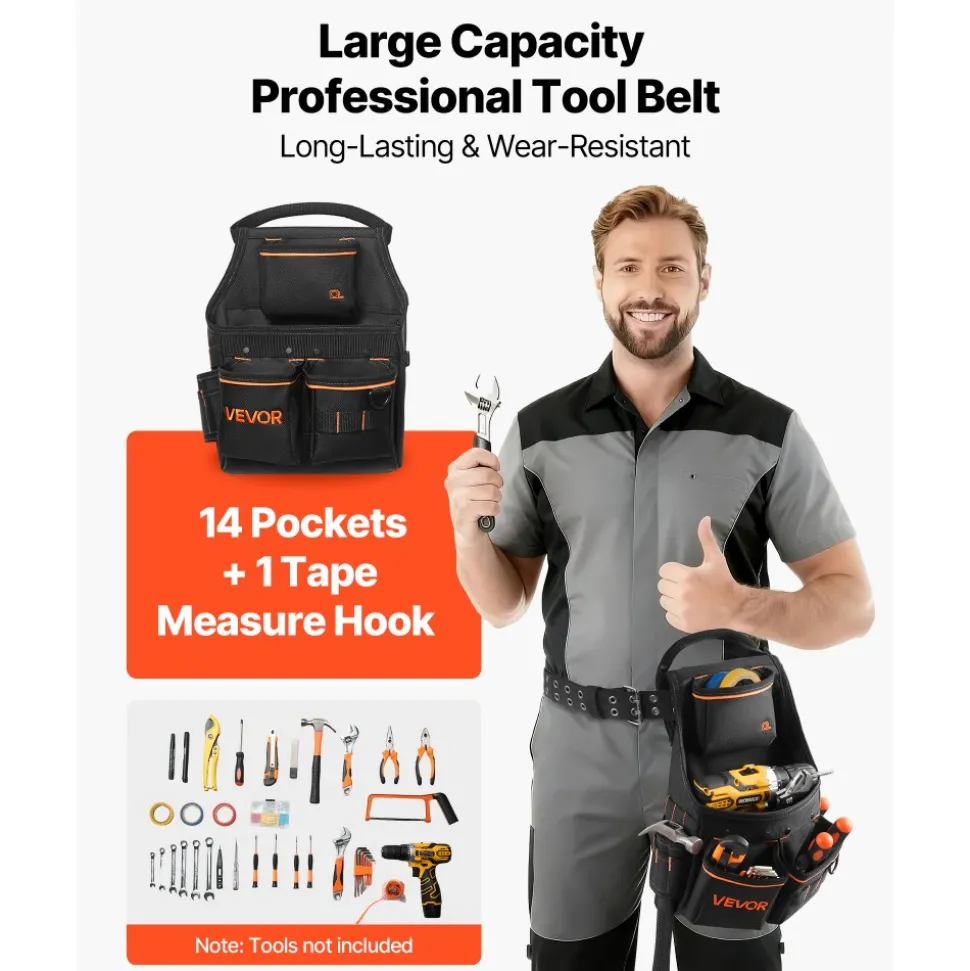 VEVOR Tool Pouch with Belt, 14 Pockets Professional Tool Belt Pouch for Men, Heavy Duty Detachable Adjustable Utility Work Bag for Electrician, Carpenter, Construction, Adjusts Waist 32 to 50 Inches