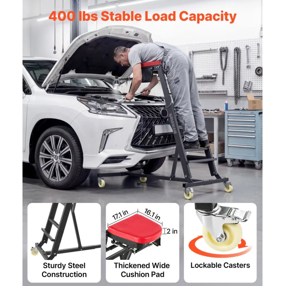 VEVOR Top Automotive Creeper 48"-64" Adjustable with Folding Mechanical Arm, Foldable High Top Engine Creeper, 400LBS Heavy-Duty Support, Stable I-Shaped Base, 4-Wheel Smooth Rolling for Auto Repair