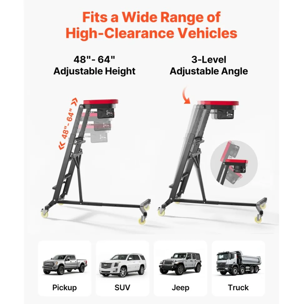 VEVOR Top Automotive Creeper 48"-64" Adjustable with Folding Mechanical Arm, Foldable High Top Engine Creeper, 400LBS Heavy-Duty Support, Stable I-Shaped Base, 4-Wheel Smooth Rolling for Auto Repair