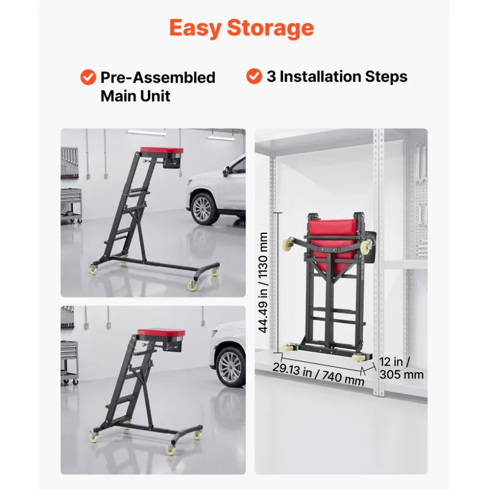 VEVOR Top Automotive Creeper 48"-64" Adjustable with Folding Mechanical Arm, Foldable High Top Engine Creeper, 400LBS Heavy-Duty Support, Stable I-Shaped Base, 4-Wheel Smooth Rolling for Auto Repair