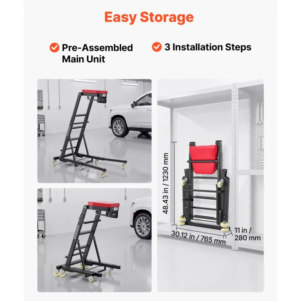 VEVOR Top Automotive Creeper 48"-76" Adjustable with Folding Mechanical Arm, Foldable High Top Engine Creeper, 400LBS Heavy-Duty Support, Stable H-Shaped Base, 6-Wheel Smooth Rolling for Auto Repair