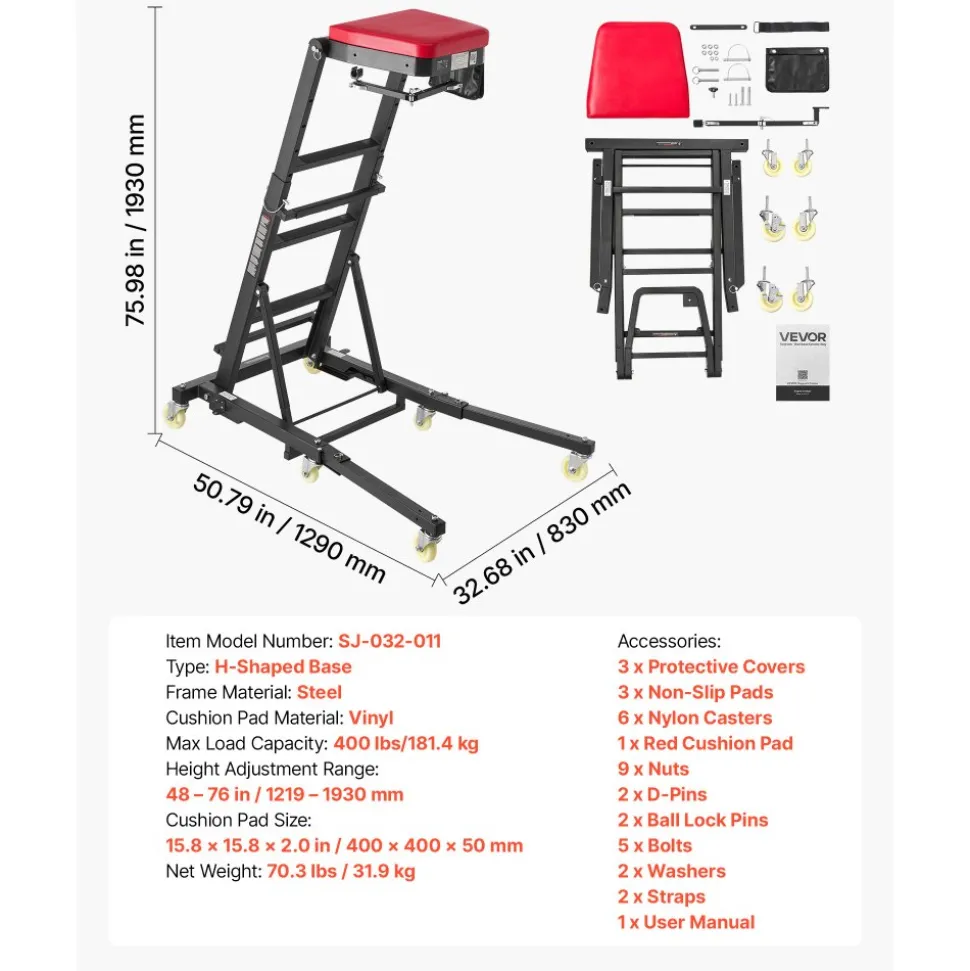 VEVOR Top Automotive Creeper 48"-76" Adjustable with Folding Mechanical Arm, Foldable High Top Engine Creeper, 400LBS Heavy-Duty Support, Stable H-Shaped Base, 6-Wheel Smooth Rolling for Auto Repair