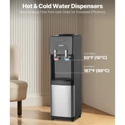 VEVOR Top Loading Water Cooler Dispenser, Hot and Cold Water Dispenser for 3 or 5 Gallons Bottles, Sturdy Stainless Steel and Child Security Lock, Ideal for Homes, Kitchens, Offices, Dorms, Black