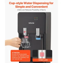 VEVOR Top Loading Water Cooler Dispenser, Hot and Cold Water Dispenser for 3 or 5 Gallons Bottles, Sturdy Stainless Steel and Child Security Lock, Ideal for Homes, Kitchens, Offices, Dorms, Black