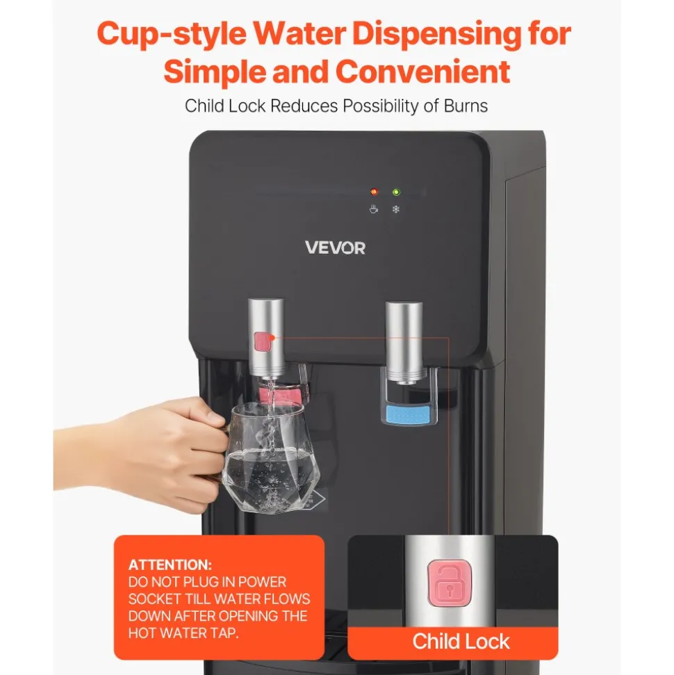 VEVOR Top Loading Water Cooler Dispenser, Hot and Cold Water Dispenser for 3 or 5 Gallons Bottles, Sturdy Stainless Steel and Child Security Lock, Ideal for Homes, Kitchens, Offices, Dorms, Black