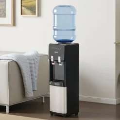 VEVOR Top Loading Water Cooler Dispenser, Hot and Cold Water Dispenser for 3 or 5 Gallons Bottles, Sturdy Stainless Steel and Child Security Lock, Ideal for Homes, Kitchens, Offices, Dorms, Black