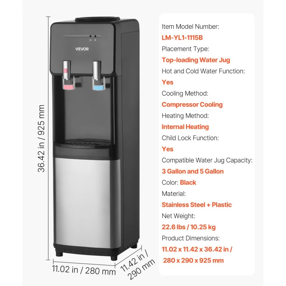 VEVOR Top Loading Water Cooler Dispenser, Hot and Cold Water Dispenser for 3 or 5 Gallons Bottles, Sturdy Stainless Steel and Child Security Lock, Ideal for Homes, Kitchens, Offices, Dorms, Black