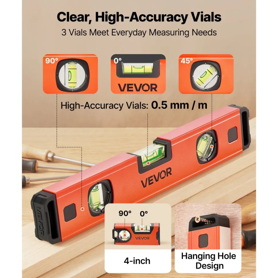 VEVOR Torpedo Level, 4-Piece Included 4/12/24/40 in, Magnetic Leveler Tool Set Aluminum Alloy, with Clear 3 Green Vials, Hanging Hole, Box Beam Multi-angle Measurement for Construction Home Renovation