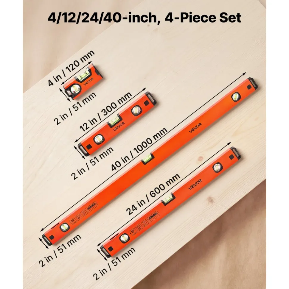VEVOR Torpedo Level, 4-Piece Included 4/12/24/40 in, Magnetic Leveler Tool Set Aluminum Alloy, with Clear 3 Green Vials, Hanging Hole, Box Beam Multi-angle Measurement for Construction Home Renovation