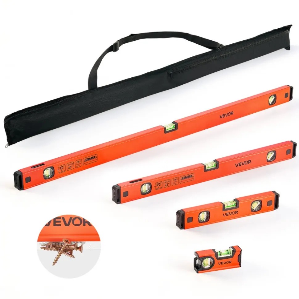 VEVOR Torpedo Level, 4-Piece Included 4/12/24/40 in, Magnetic Leveler Tool Set Aluminum Alloy, with Clear 3 Green Vials, Hanging Hole, Box Beam Multi-angle Measurement for Construction Home Renovation