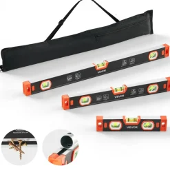 VEVOR Torpedo Level, 3-Piece Included 9/16/24 in, Magnetic Leveler Tool Set Aluminum Alloy, with Clear 3 Green Vials, V-Groove, Hanging Hole, Multi-angle Measurement for Construction Home Renovation