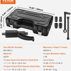 VEVOR Torque Multiplier, Heavy Duty Torque Multiplier Wrench Set, 1 Inch Drive Lug Nut Wrench Torque Multiplier, 1:58 4800N.m Lug Nut Remover, with 4 Sockets and Storage Case for Truck Trailer RV
