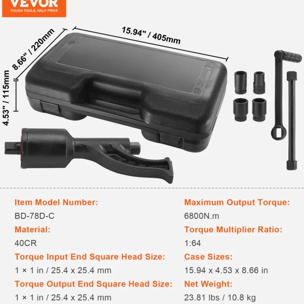 VEVOR Torque Multiplier, 1 Inch Drive Lug Nut Wrench/Multiplier Heavy Duty Torque Multiplier Wrench Set, 1:64 6,800N.m Lug Nut Remover, Includes 4 Sockets (21-41mm) and Storage Case