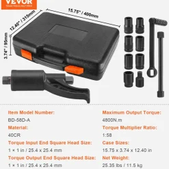 VEVOR Torque Multiplier, 1 Inch Drive Lug Nut Wrench/Multiplier Heavy Duty Torque Multiplier Wrench Set, 1:58 4800N.m Lug Nut Remover, Includes 8 Sockets (24-38mm) and Storage Case