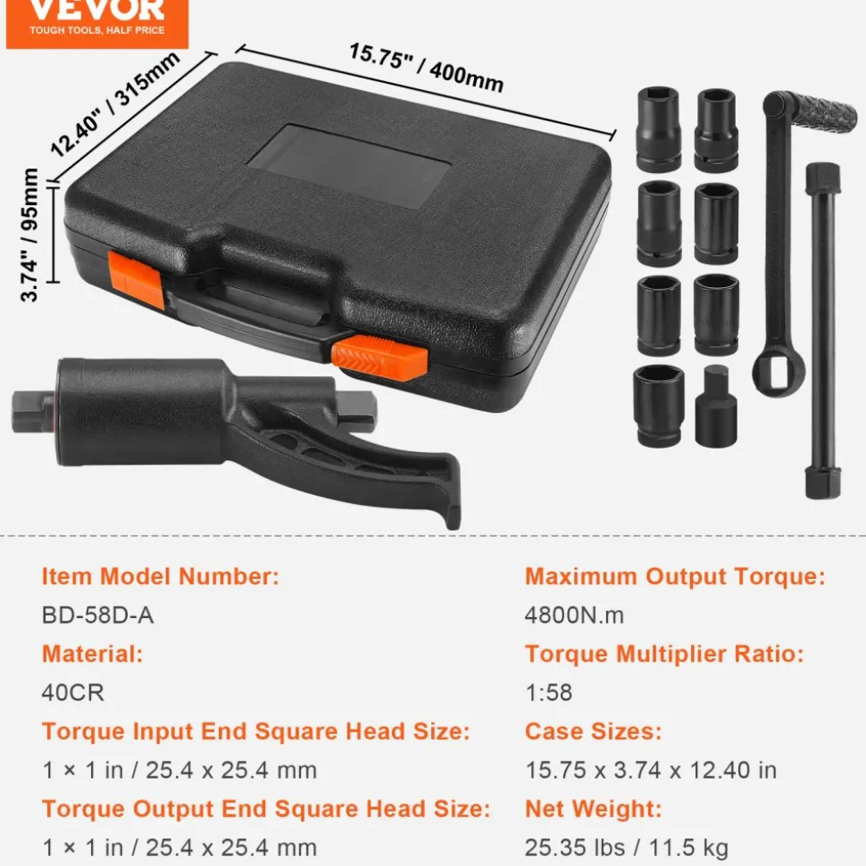 VEVOR Torque Multiplier, 1 Inch Drive Lug Nut Wrench/Multiplier Heavy Duty Torque Multiplier Wrench Set, 1:58 4800N.m Lug Nut Remover, Includes 8 Sockets (24-38mm) and Storage Case