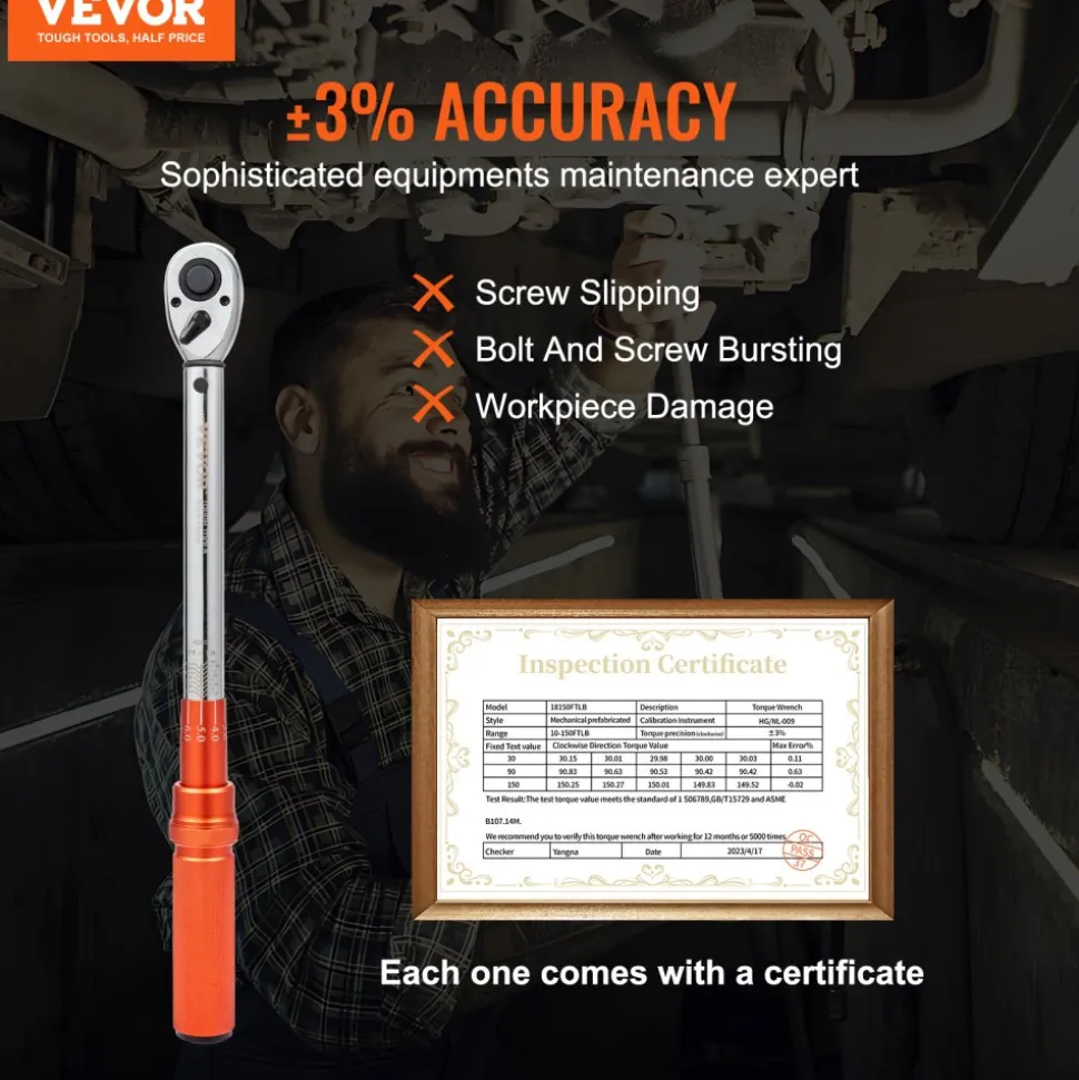 VEVOR Torque Wrench, 10-150ft.lb/14-204n.m 1/2-inch Drive Click Torque Wrench, Dual-Direction Adjustable Torque Wrench Set, Mechanical Dual Range Scales Torque Wrench Kit with Adapters Extension Rod