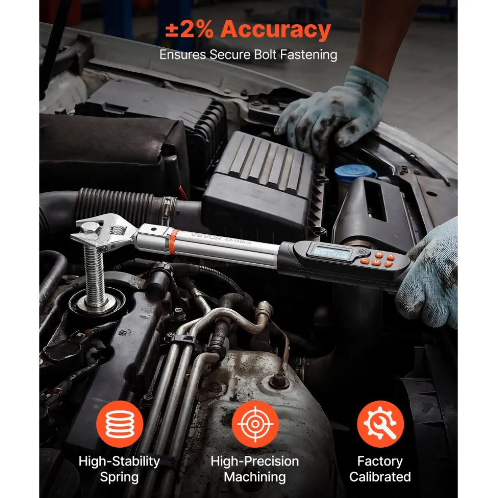 VEVOR Torque Wrench 0-1.5 in Adjustable Jaw Opening Digital Torque Wrench, Open-End Jaw, 4 Display Units, ±2% Accuracy, LCD Screen, with Buzzer and LED Indicator, for Pipe and Automotive Repair