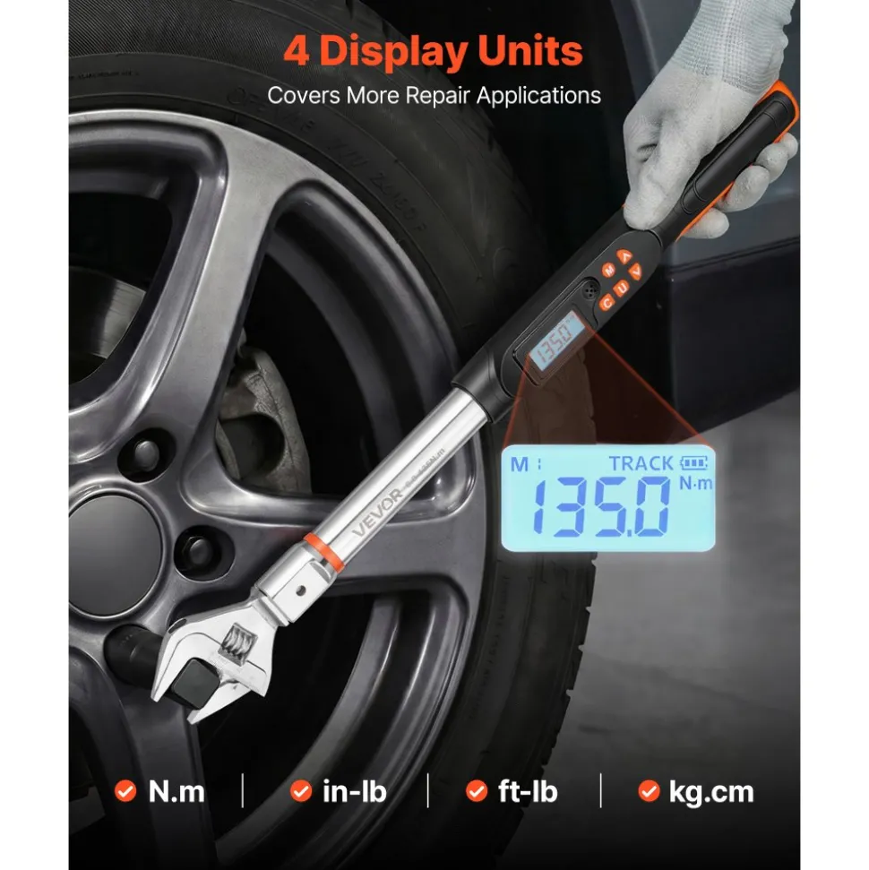 VEVOR Torque Wrench 0-1.5 in Adjustable Jaw Opening Digital Torque Wrench, Open-End Jaw, 4 Display Units, ±2% Accuracy, LCD Screen, with Buzzer and LED Indicator, for Pipe and Automotive Repair