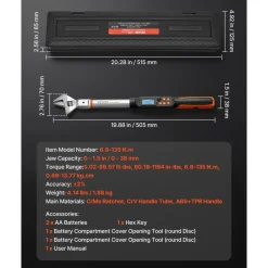 VEVOR Torque Wrench 0-1.5 in Adjustable Jaw Opening Digital Torque Wrench, Open-End Jaw, 4 Display Units, ±2% Accuracy, LCD Screen, with Buzzer and LED Indicator, for Pipe and Automotive Repair