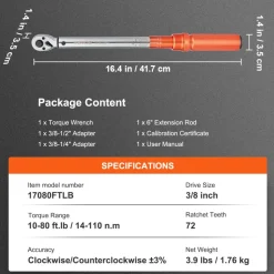 VEVOR Torque Wrench, 3/8-inch Drive Click Torque Wrench 10-80ft.lb/14-110n.m, Dual-Direction Adjustable Torque Wrench Set, Mechanical Dual Range Scales Torque Wrench Kit with Adapters Extension Rod