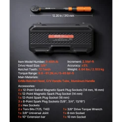VEVOR Torque Wrench 3/8-inch Drive Click Torque Wrench Dual Scale Readings, 5-45 lbf-ft / 6.8-61.2 N.m, ±3% High Precision, with Spark Plug Sockets, Bits, Universal Joint, Extension Bar, Storage Case