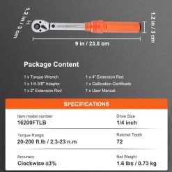 VEVOR Torque Wrench, 1/4-inch Drive Click Torque Wrench 20-200in.lb/3-23n.m, Dual-Direction Adjustable Torque Wrench Set, Mechanical Dual Range Scales Torque Wrench Kit with Adapters Extension Rod