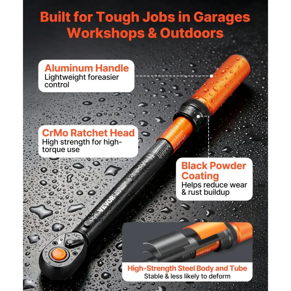 VEVOR Torque Wrench, 1/2-inch Drive Click Torque Wrench, 14.8-162.4 lbf-ft / 20-220 N.m, Dual Scale Readings, ±3% High Precision, with Extension Bar, Adapter and Storage Case, for Automotive Repair