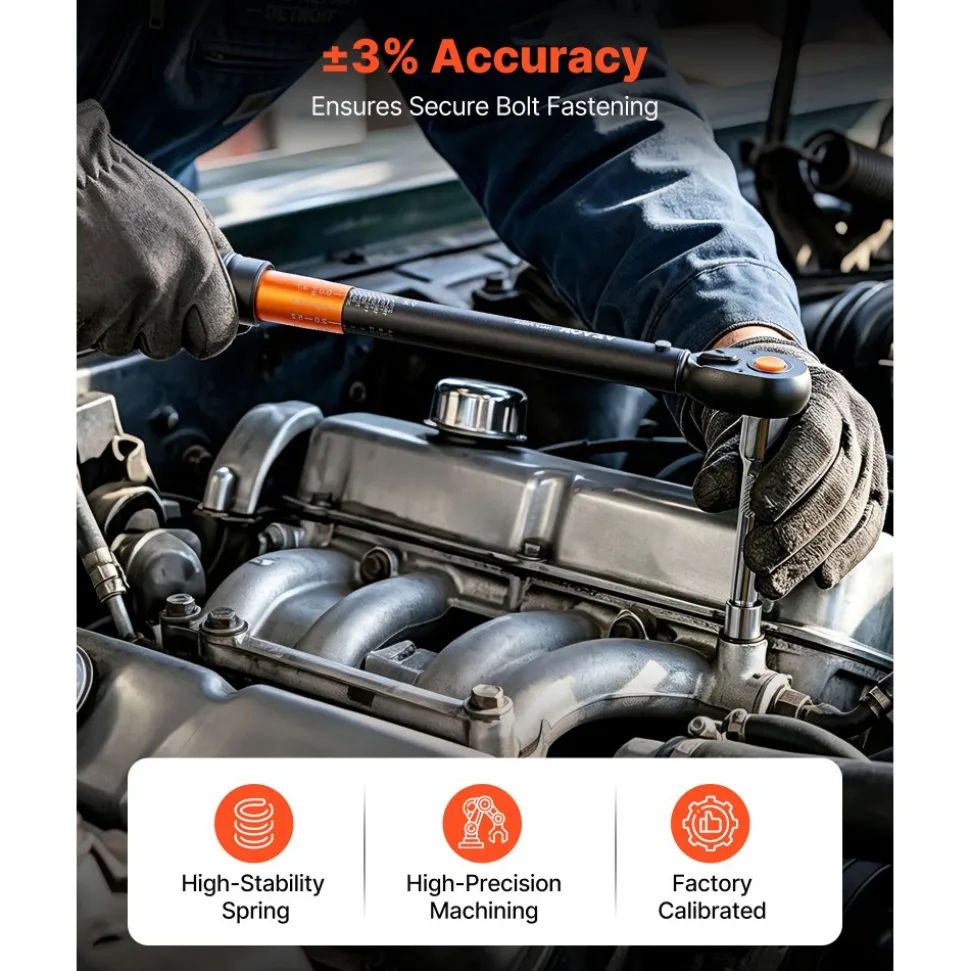 VEVOR Torque Wrench, 1/2-inch Drive Click Torque Wrench, 14.8-162.4 lbf-ft / 20-220 N.m, Dual Scale Readings, ±3% High Precision, with Extension Bar, Adapter and Storage Case, for Automotive Repair