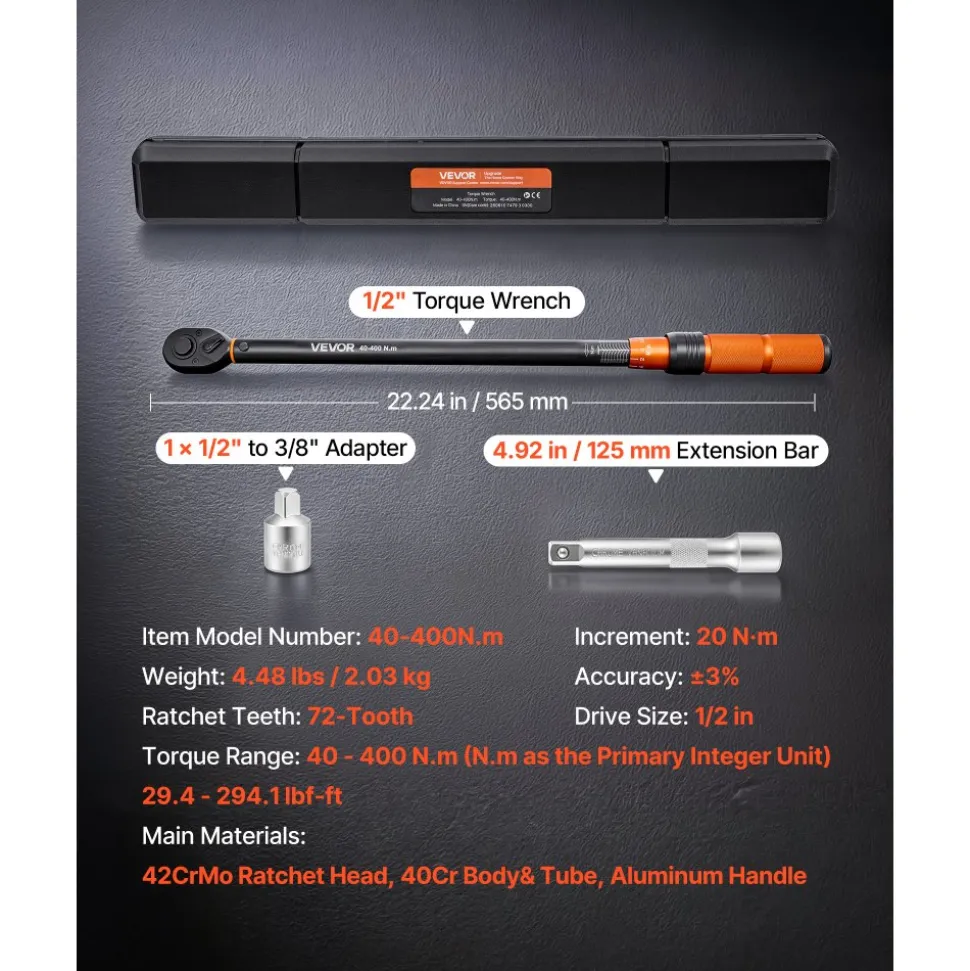 VEVOR Torque Wrench 1/2-inch Drive Click Torque Wrench ±3% High Precision, 29.4-294.1 lbf-ft / 40-400 N.m, Dual Scale Readings, with Extension Bar, Adapter and Storage Case, for Automotive Repair
