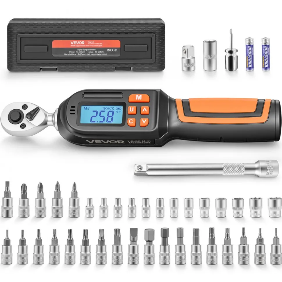 VEVOR Torque Wrench Set 1/4" Drive 42-Piece Digital Torque Wrench 4 Units, ±2% Accuracy, LCD Screen, with Buzzer and LED Indicator, with Sockets, Bits, Extension Bar, Adapter, for Automotive Repair