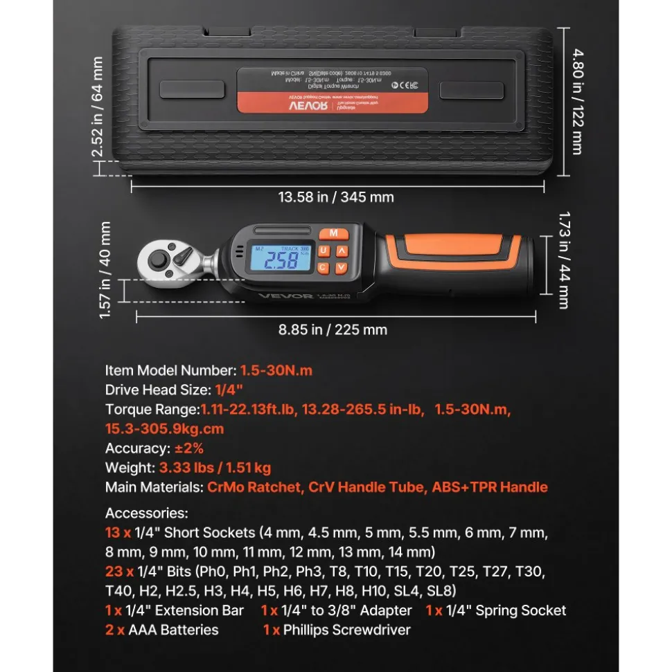 VEVOR Torque Wrench Set 1/4" Drive 42-Piece Digital Torque Wrench 4 Units, ±2% Accuracy, LCD Screen, with Buzzer and LED Indicator, with Sockets, Bits, Extension Bar, Adapter, for Automotive Repair